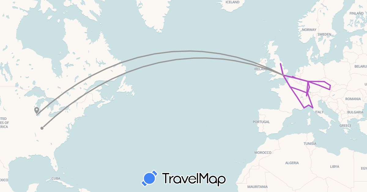 TravelMap itinerary: driving, plane, train in Austria, Belgium, Switzerland, Czech Republic, Germany, France, United Kingdom, Italy, United States (Europe, North America)